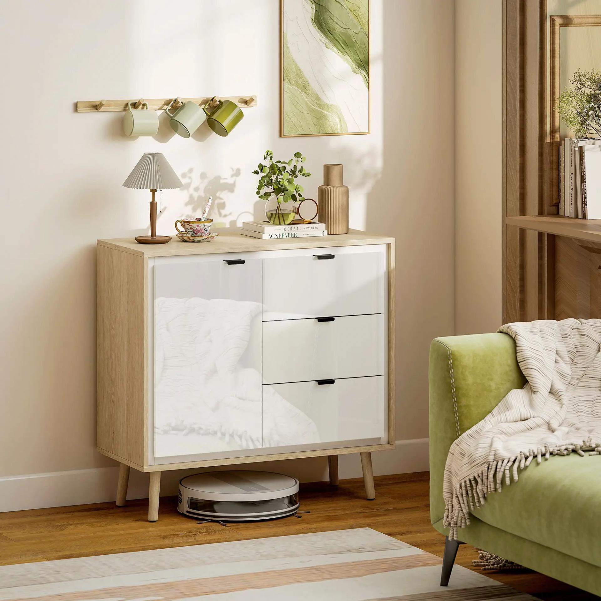 Aparador para Salón Moderno con Puerta 3 Cajones Estante Ajustable para Comedor Entrada 80x35x77 cm Blanco y Roble