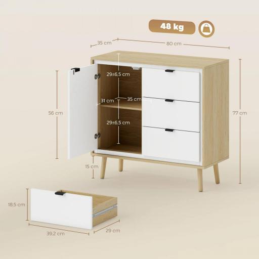 Aparador para Salón Moderno con Puerta 3 Cajones Estante Ajustable para Comedor Entrada 80x35x77 cm Blanco y Roble [1]