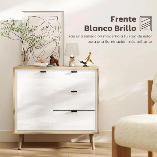 Aparador para Salón Moderno con Puerta 3 Cajones Estante Ajustable para Comedor Entrada 80x35x77 cm Blanco y Roble [4]