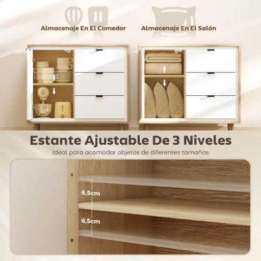 Aparador para Salón Moderno con Puerta 3 Cajones Estante Ajustable para Comedor Entrada 80x35x77 cm Blanco y Roble [3]