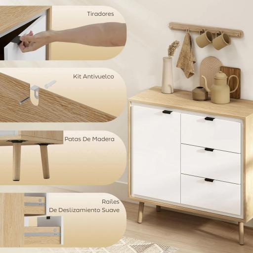 Aparador para Salón Moderno con Puerta 3 Cajones Estante Ajustable para Comedor Entrada 80x35x77 cm Blanco y Roble [5]