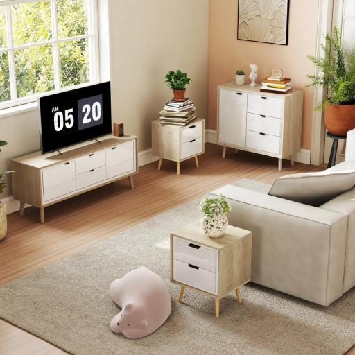 Aparador para Salón Moderno con Puerta 3 Cajones Estante Ajustable para Comedor Entrada 80x35x77 cm Blanco y Roble [7]