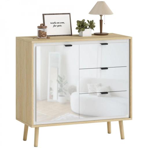 Aparador para Salón Moderno con Puerta 3 Cajones Estante Ajustable para Comedor Entrada 80x35x77 cm Blanco y Roble [8]