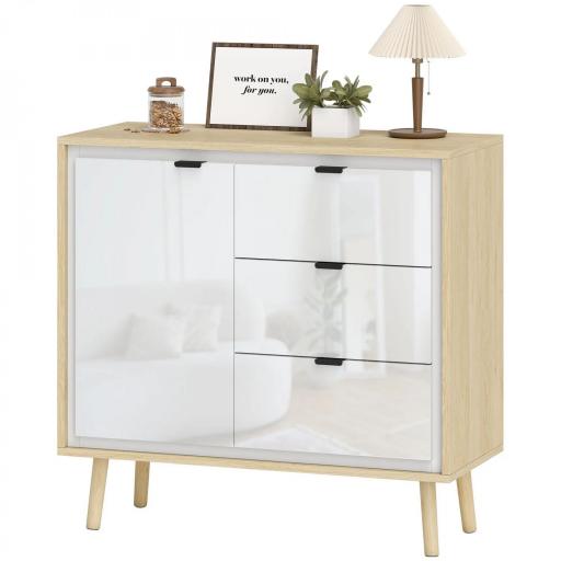 Aparador para Salón Moderno con Puerta 3 Cajones Estante Ajustable para Comedor Entrada 80x35x77 cm Blanco y Roble [9]