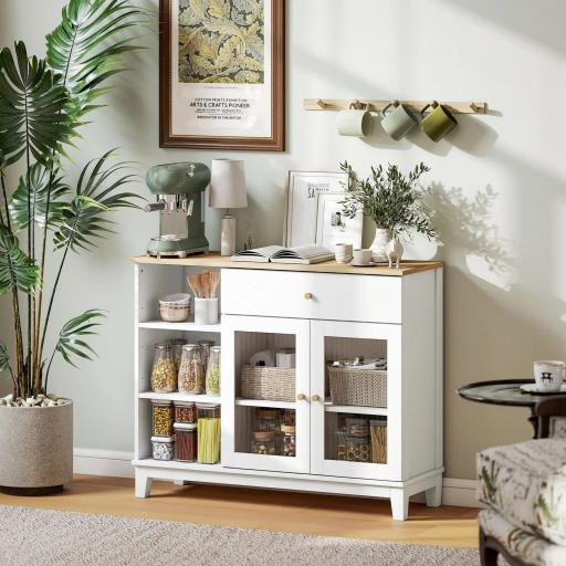 Aparador de 3 Puertas de Cierre Suave con Estantes Ajustables Compartimento Abierto Patas de Madera Blanco