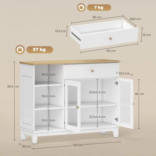 Aparador para Salón con 2 Puertas de Vidrio Cajón Compartimentos Abiertos y Estantes Ajustables 100x35x80,3 cm Blanco [1]