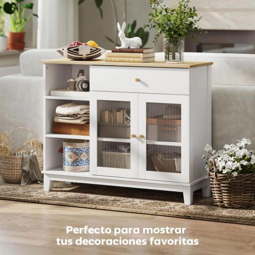 Aparador para Salón con 2 Puertas de Vidrio Cajón Compartimentos Abiertos y Estantes Ajustables 100x35x80,3 cm Blanco [2]