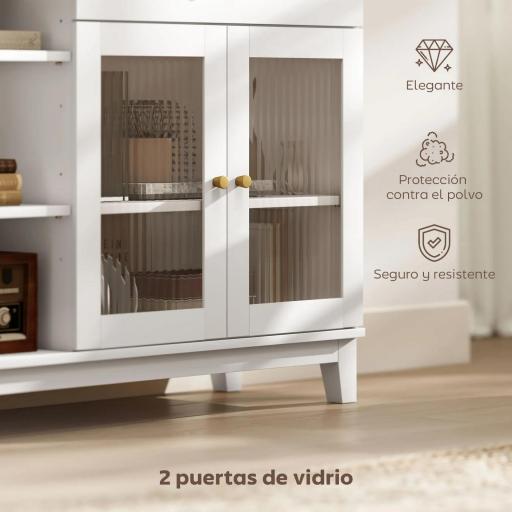 Aparador para Salón con 2 Puertas de Vidrio Cajón Compartimentos Abiertos y Estantes Ajustables 100x35x80,3 cm Blanco [4]