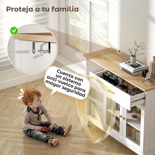 Aparador para Salón con 2 Puertas de Vidrio Cajón Compartimentos Abiertos y Estantes Ajustables 100x35x80,3 cm Blanco [3]