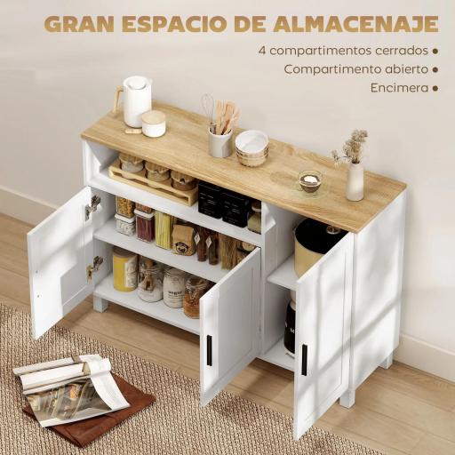 Aparador de 3 Puertas de Cierre Suave con Estantes Ajustables Compartimento Abierto Patas de Madera Blanco [2]