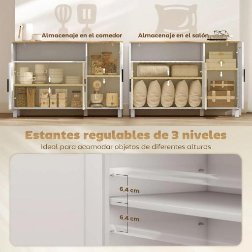 Aparador de 3 Puertas de Cierre Suave con Estantes Ajustables Compartimento Abierto Patas de Madera Blanco [3]