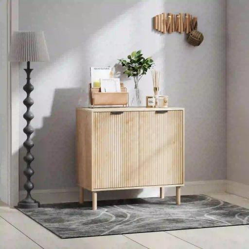 Aparador de Salón Aparador con Estante Ajustable 2 Puertas Sistema Anti-vuelco y Patas de Madera 78x40x77,5 cm Roble [7]