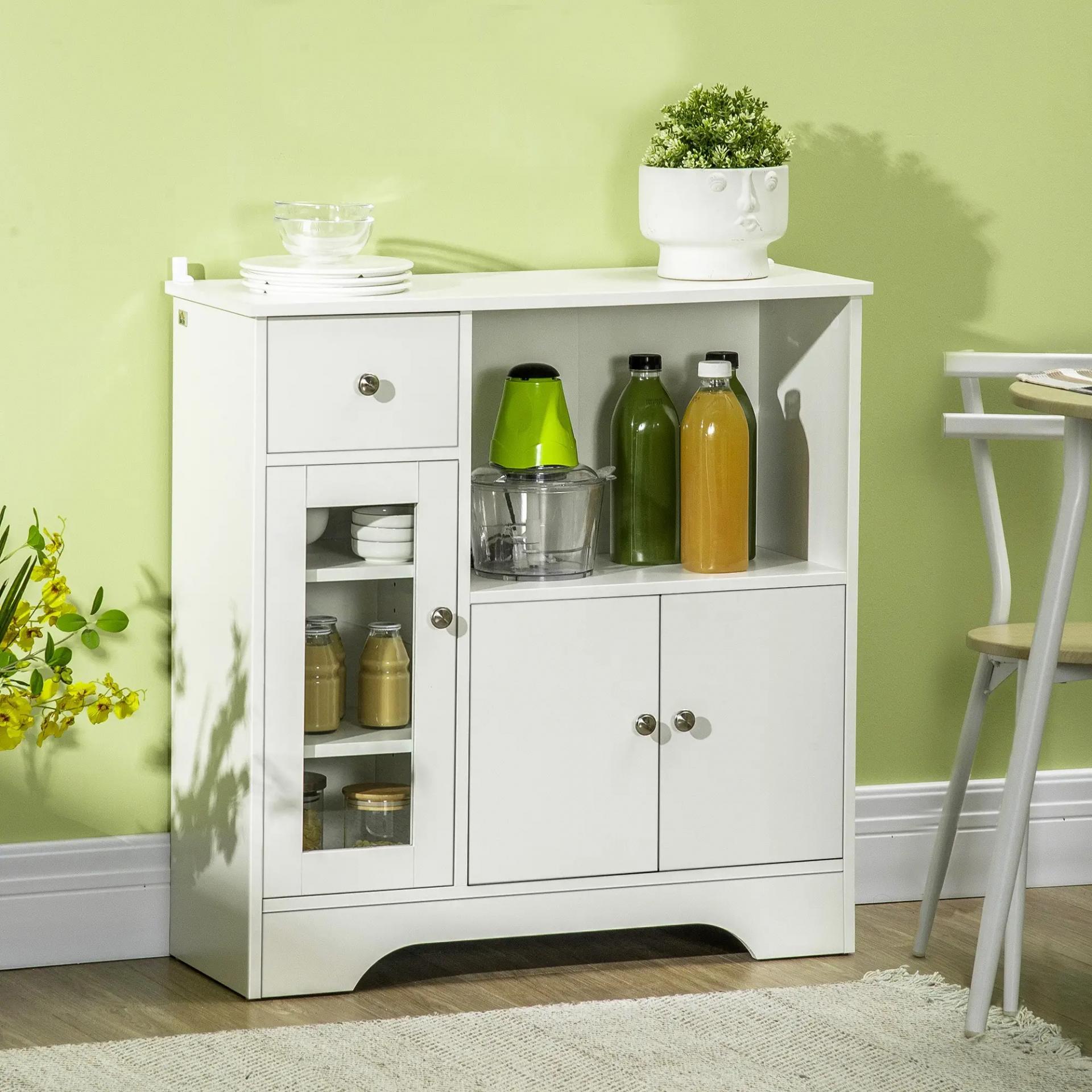 Aparador de Cocina Moderno con Puerta de Vidrio Mueble Auxiliar de Almacenaje para Comedor 80x30x82 cm Blanco