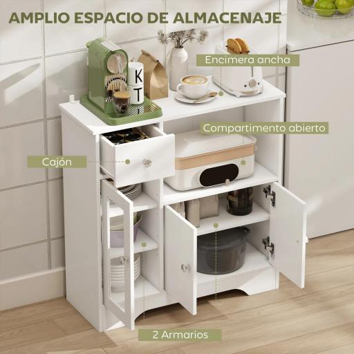 Aparador de Cocina Moderno con Puerta de Vidrio Mueble Auxiliar de Almacenaje para Comedor 80x30x82 cm Blanco [4]