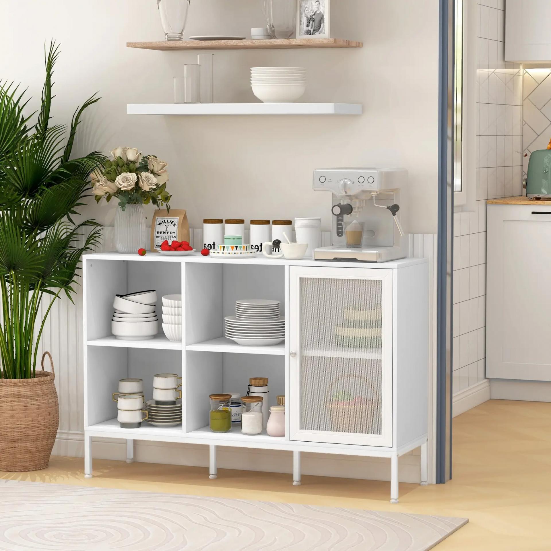 Aparador de Cocina Aparador Blanco con Puerta de Malla 4 Compartimentos Abiertos y Estante Ajustable 120x37x81,5 cm