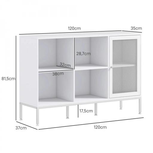 Aparador de Cocina Aparador Blanco con Puerta de Malla 4 Compartimentos Abiertos y Estante Ajustable 120x37x81,5 cm [1]