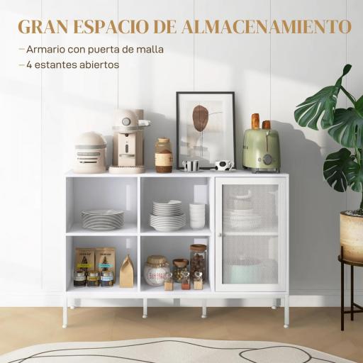 Aparador de Cocina Aparador Blanco con Puerta de Malla 4 Compartimentos Abiertos y Estante Ajustable 120x37x81,5 cm [2]