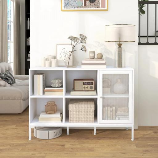 Aparador de Cocina Aparador Blanco con Puerta de Malla 4 Compartimentos Abiertos y Estante Ajustable 120x37x81,5 cm [6]