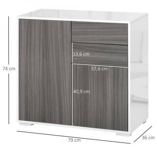 Aparador para Cocina con 2 Puertas 2 Cajones Marco de Blanco Brillante Estante Ajustable Apertura a Presión Armario de Almacenamiento para Dormitorio Salón 79x36x74 cm Gris [1]