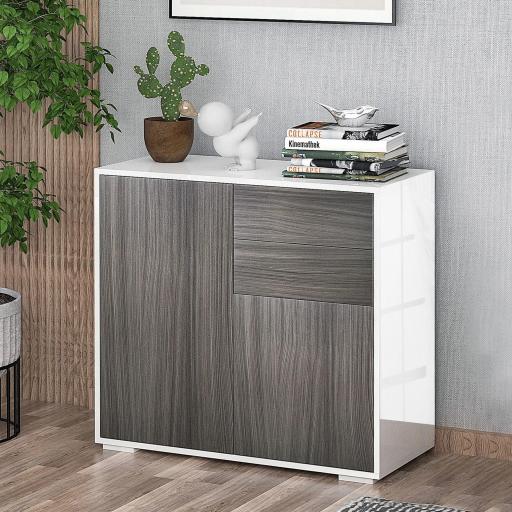 Aparador para Cocina con 2 Puertas 2 Cajones Marco de Blanco Brillante Estante Ajustable Apertura a Presión Armario de Almacenamiento para Dormitorio Salón 79x36x74 cm Gris [8]