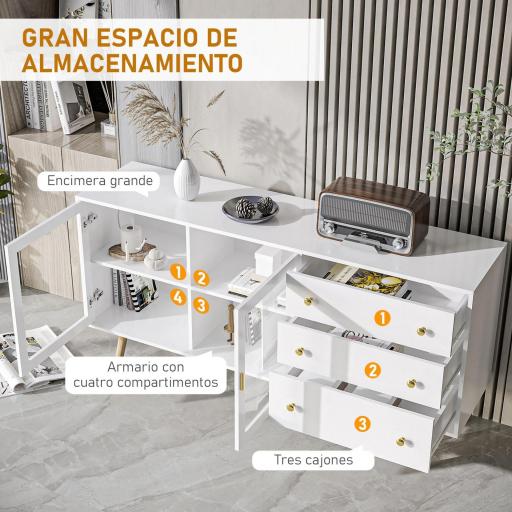 Aparador de Comedor con 2 Puertas de Cristal 3 Cajones y Patas de Madera de Caucho para Cocina Salón 160x40x80 cm Blanco [4]