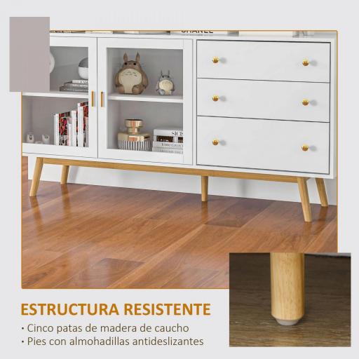 Aparador de Comedor con 2 Puertas de Cristal 3 Cajones y Patas de Madera de Caucho para Cocina Salón 160x40x80 cm Blanco [3]