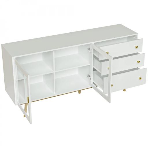 Aparador de Comedor con 2 Puertas de Cristal 3 Cajones y Patas de Madera de Caucho para Cocina Salón 160x40x80 cm Blanco [6]