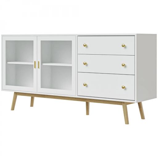 Aparador de Comedor con 2 Puertas de Cristal 3 Cajones y Patas de Madera de Caucho para Cocina Salón 160x40x80 cm Blanco [8]