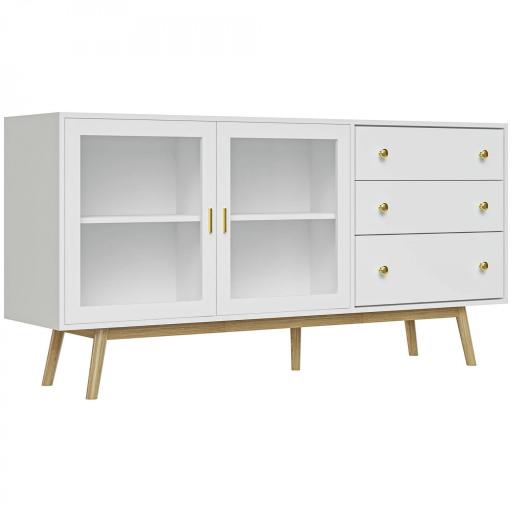Aparador de Comedor con 2 Puertas de Cristal 3 Cajones y Patas de Madera de Caucho para Cocina Salón 160x40x80 cm Blanco [9]