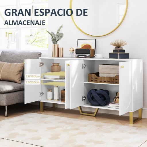 Aparador con 4 Puertas Arqueadas Estantes Ajustables y Patas Doradas 140,8x35x77,5 cm Blanco [2]