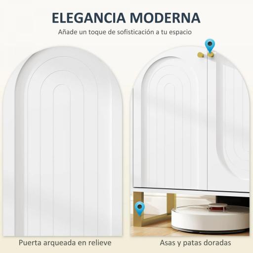 Aparador con 4 Puertas Arqueadas Estantes Ajustables y Patas Doradas 140,8x35x77,5 cm Blanco [5]