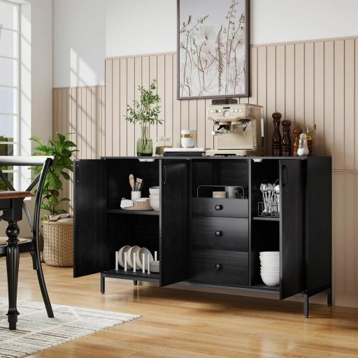 Aparador de 3 Puertas Aparador de Salón con 3 Cajones Estantes Ajustables para Cocina Entrada Negro 143,5x40x90 cm