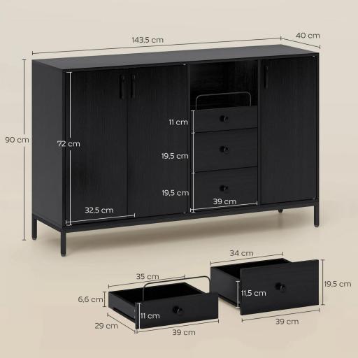 Aparador de 3 Puertas Aparador de Salón con 3 Cajones Estantes Ajustables para Cocina Entrada Negro 143,5x40x90 cm [1]