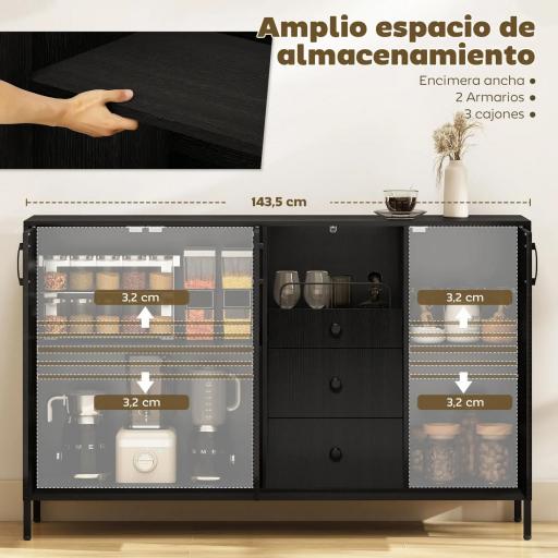 Aparador de 3 Puertas Aparador de Salón con 3 Cajones Estantes Ajustables para Cocina Entrada Negro 143,5x40x90 cm [5]