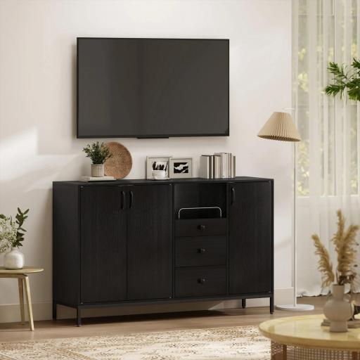 Aparador de 3 Puertas Aparador de Salón con 3 Cajones Estantes Ajustables para Cocina Entrada Negro 143,5x40x90 cm [4]