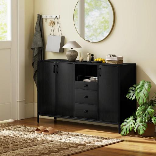 Aparador de 3 Puertas Aparador de Salón con 3 Cajones Estantes Ajustables para Cocina Entrada Negro 143,5x40x90 cm [3]