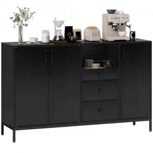 Aparador de 3 Puertas Aparador de Salón con 3 Cajones Estantes Ajustables para Cocina Entrada Negro 143,5x40x90 cm [9]