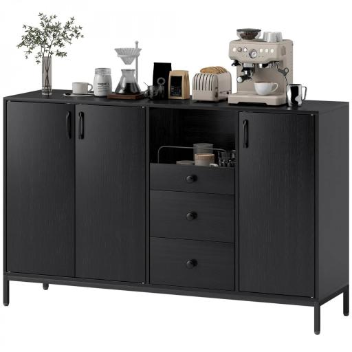 Aparador de 3 Puertas Aparador de Salón con 3 Cajones Estantes Ajustables para Cocina Entrada Negro 143,5x40x90 cm [8]