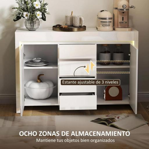 Aparador de Salón con Luces LED 4 Cajones Cierre Suave Estantes Ajustables y Mando a Distancia 120x34x80cm Blanco Brillo [4]
