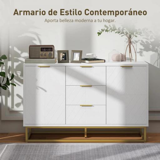 Aparador Moderno Aparador para Salón con 3 Cajones 2 Puertas y Estante Ajustable Mueble Auxiliar para Salón Cocina Antivuelco 120x40x76 cm Blanco [2]