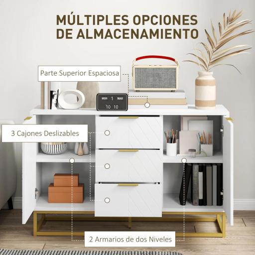 Aparador Moderno Aparador para Salón con 3 Cajones 2 Puertas y Estante Ajustable Mueble Auxiliar para Salón Cocina Antivuelco 120x40x76 cm Blanco [4]
