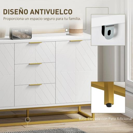 Aparador Moderno Aparador para Salón con 3 Cajones 2 Puertas y Estante Ajustable Mueble Auxiliar para Salón Cocina Antivuelco 120x40x76 cm Blanco [5]