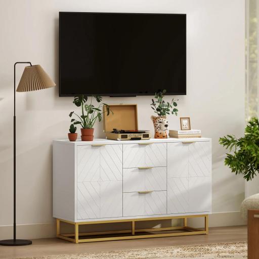 Aparador Moderno Aparador para Salón con 3 Cajones 2 Puertas y Estante Ajustable Mueble Auxiliar para Salón Cocina Antivuelco 120x40x76 cm Blanco [6]