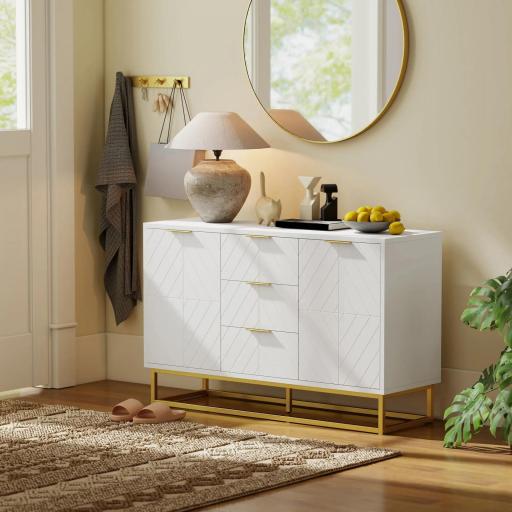 Aparador Moderno Aparador para Salón con 3 Cajones 2 Puertas y Estante Ajustable Mueble Auxiliar para Salón Cocina Antivuelco 120x40x76 cm Blanco [7]