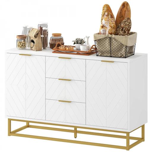 Aparador Moderno Aparador para Salón con 3 Cajones 2 Puertas y Estante Ajustable Mueble Auxiliar para Salón Cocina Antivuelco 120x40x76 cm Blanco [9]