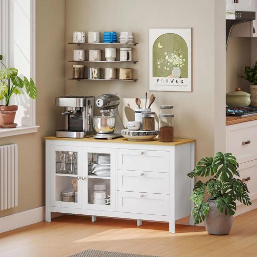 Aparador para Salón Armario Auxiliar con 2 Puertas de Vidrio 3 Cajones Estante Ajustable para Cocina 120x40x70 cm Blanco