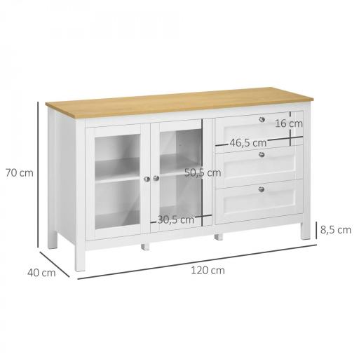 Aparador para Salón Armario Auxiliar con 2 Puertas de Vidrio 3 Cajones Estante Ajustable para Cocina 120x40x70 cm Blanco [1]