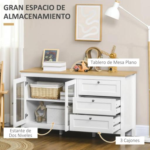 Aparador para Salón Armario Auxiliar con 2 Puertas de Vidrio 3 Cajones Estante Ajustable para Cocina 120x40x70 cm Blanco [2]