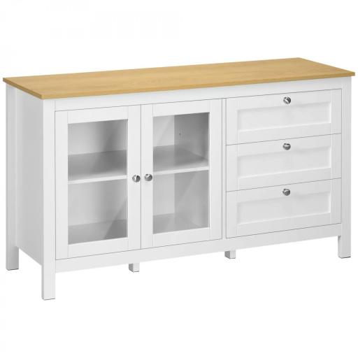 Aparador para Salón Armario Auxiliar con 2 Puertas de Vidrio 3 Cajones Estante Ajustable para Cocina 120x40x70 cm Blanco [8]