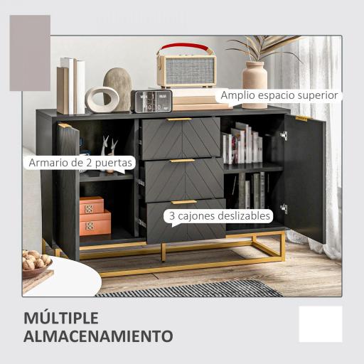 Aparador para Salón con 3 Cajones 2 Puertas y Estante Ajustable Mueble Auxiliar para Salón Antivuelco 120x40x76 cm Negro [5]